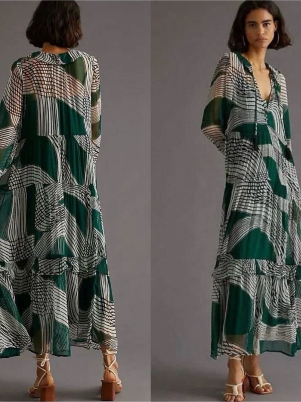 Anthropologie Green and Cream Abstract Tiered Maxi Dress
